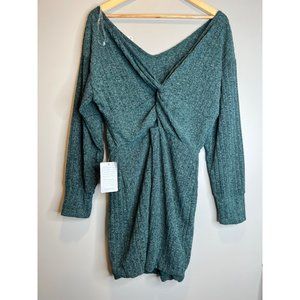 NEW Lush sweater dress ribbed long sleeve twist back off shoulder green size L